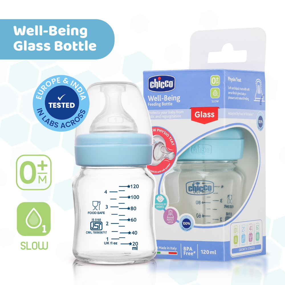 Chicco Well-Being Glass Feeding Bottle (120ml, Slow Flow) - Blue