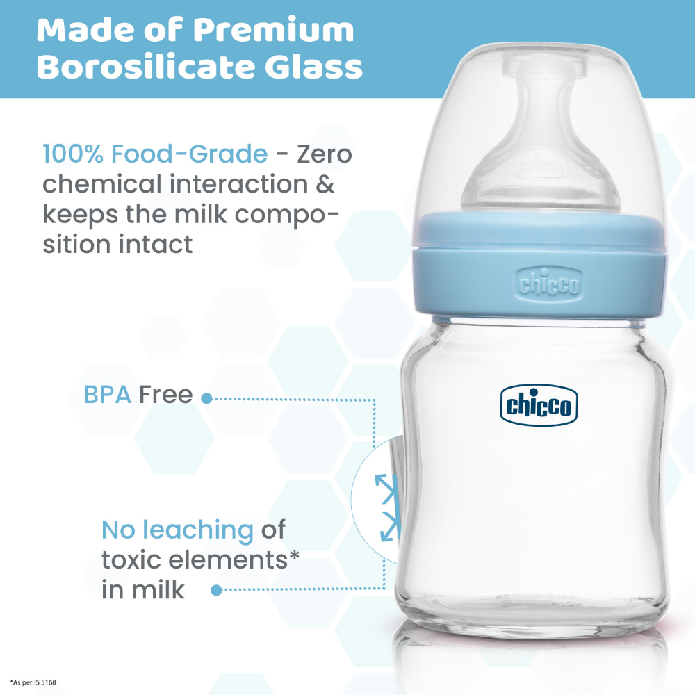 Chicco Well-Being Glass Feeding Bottle (120ml, Slow Flow) - Blue