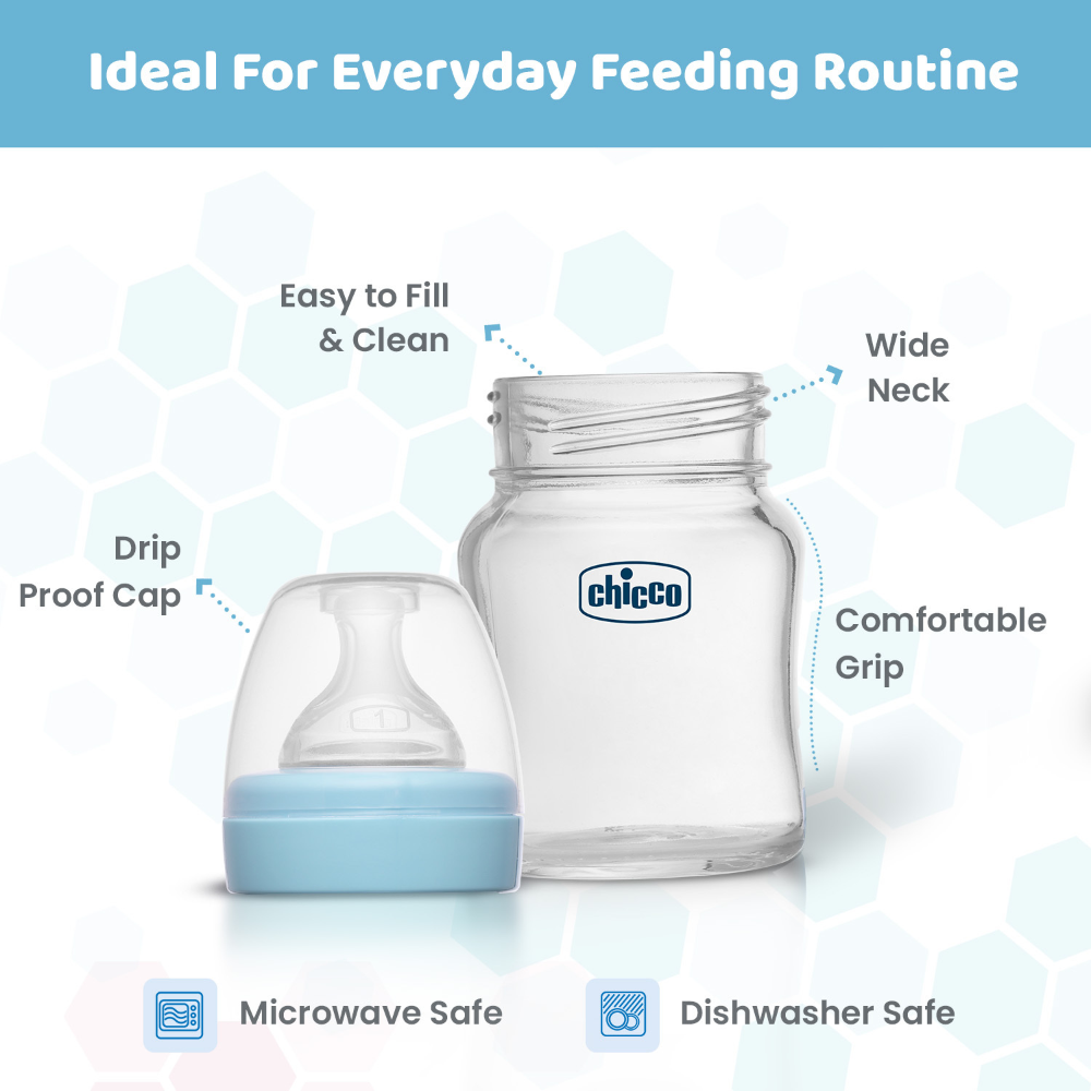 Chicco Well-Being Glass Feeding Bottle (120ml, Slow Flow) - Blue