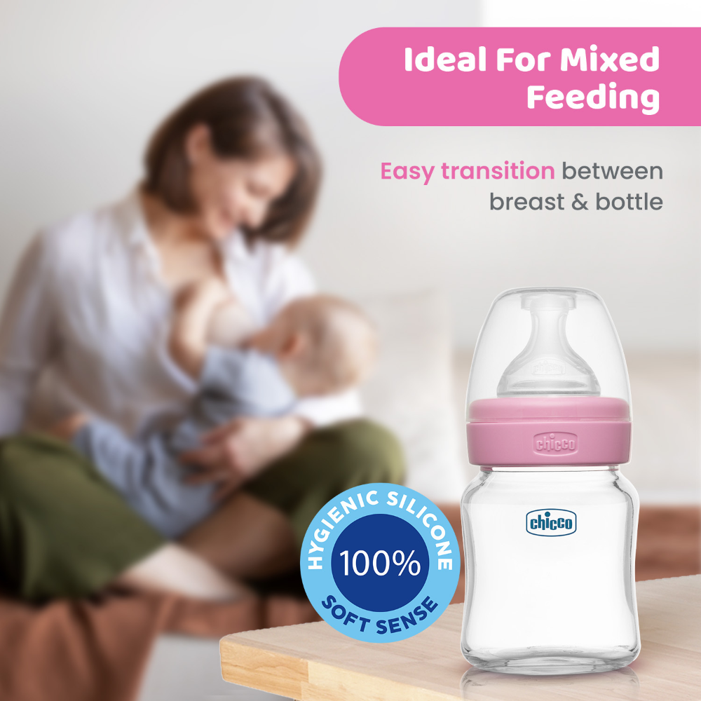Chicco Well-Being Glass Feeding Bottle (120ml, Slow Flow) - Pink
