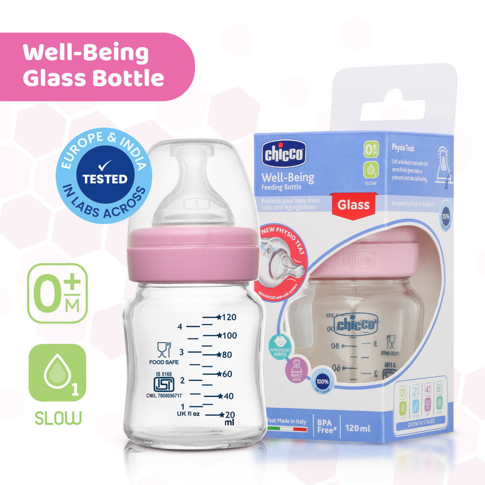 Chicco Well-Being Glass Feeding Bottle (120ml, Slow Flow) - Pink