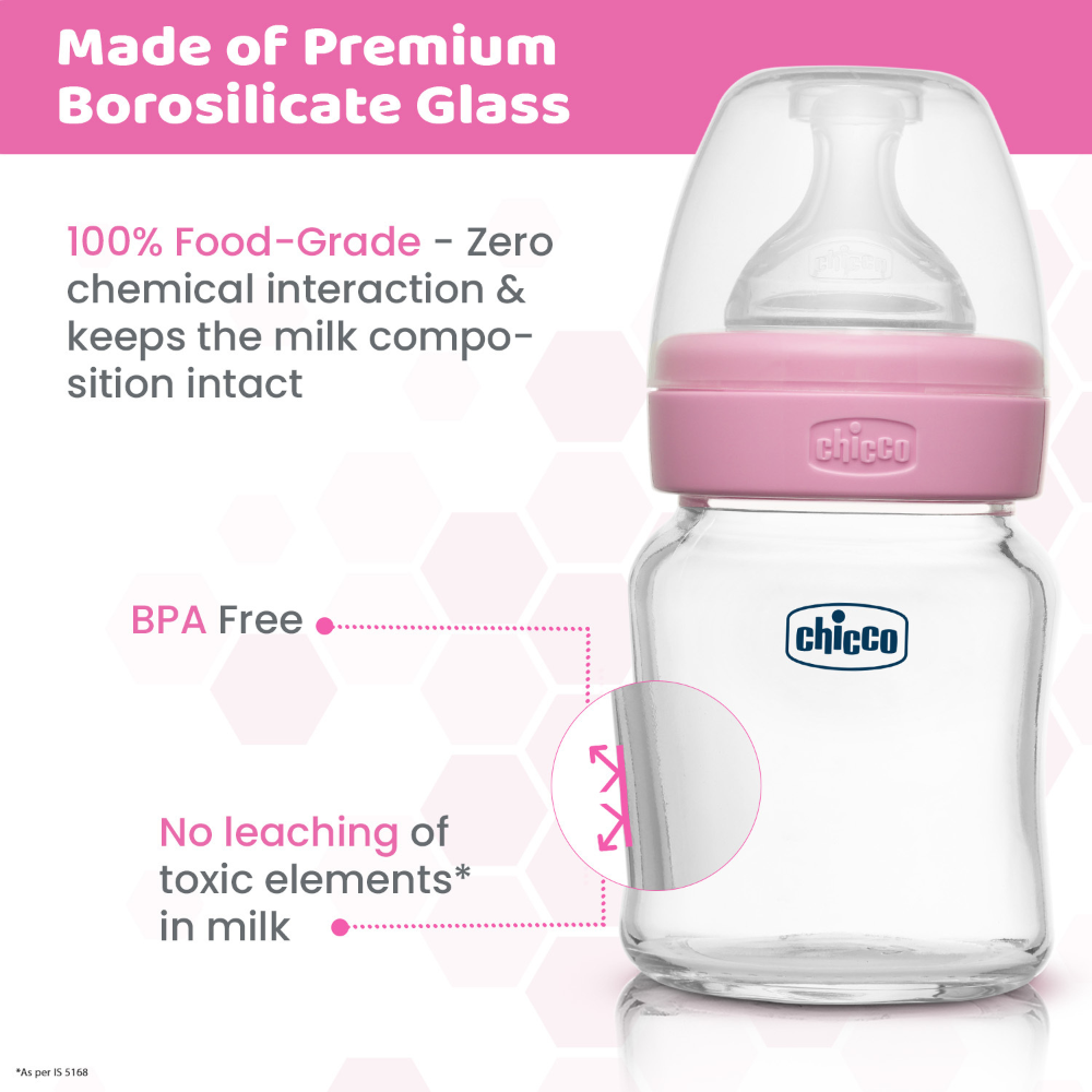 Chicco Well-Being Glass Feeding Bottle (120ml, Slow Flow) - Pink