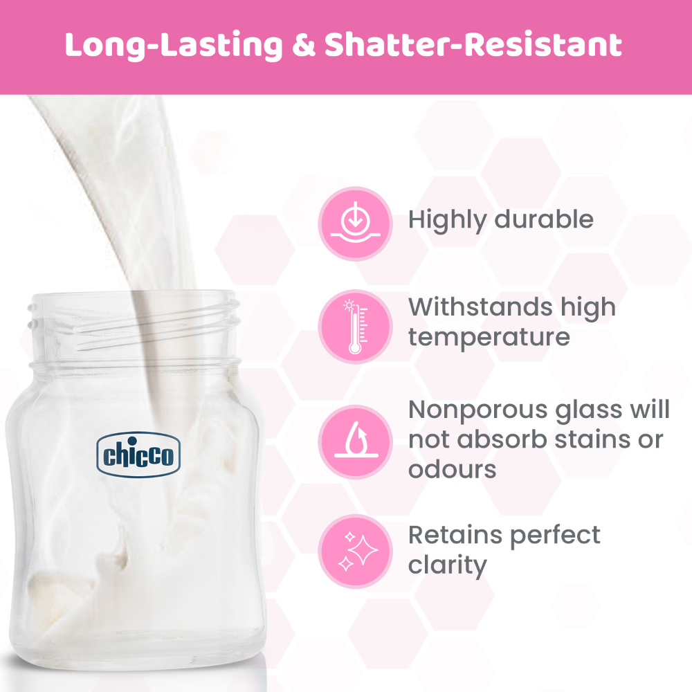 Chicco Well-Being Glass Feeding Bottle (120ml, Slow Flow) - Pink