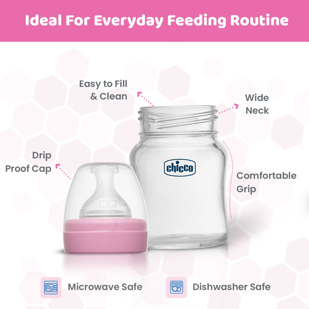 Chicco Well-Being Glass Feeding Bottle (120ml, Slow Flow) - Pink