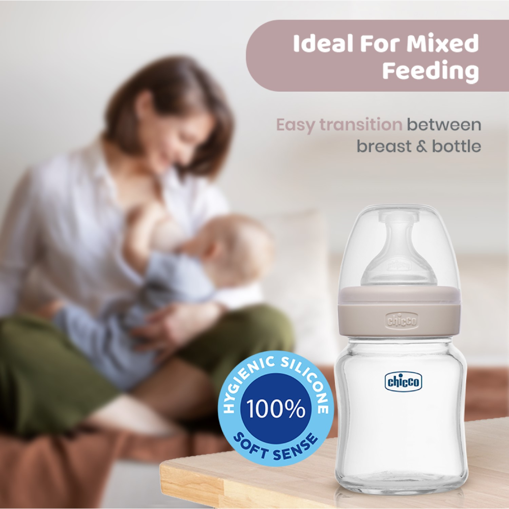 Chicco Well-Being Glass Feeding Bottle (120ml, Slow Flow) - Neutral