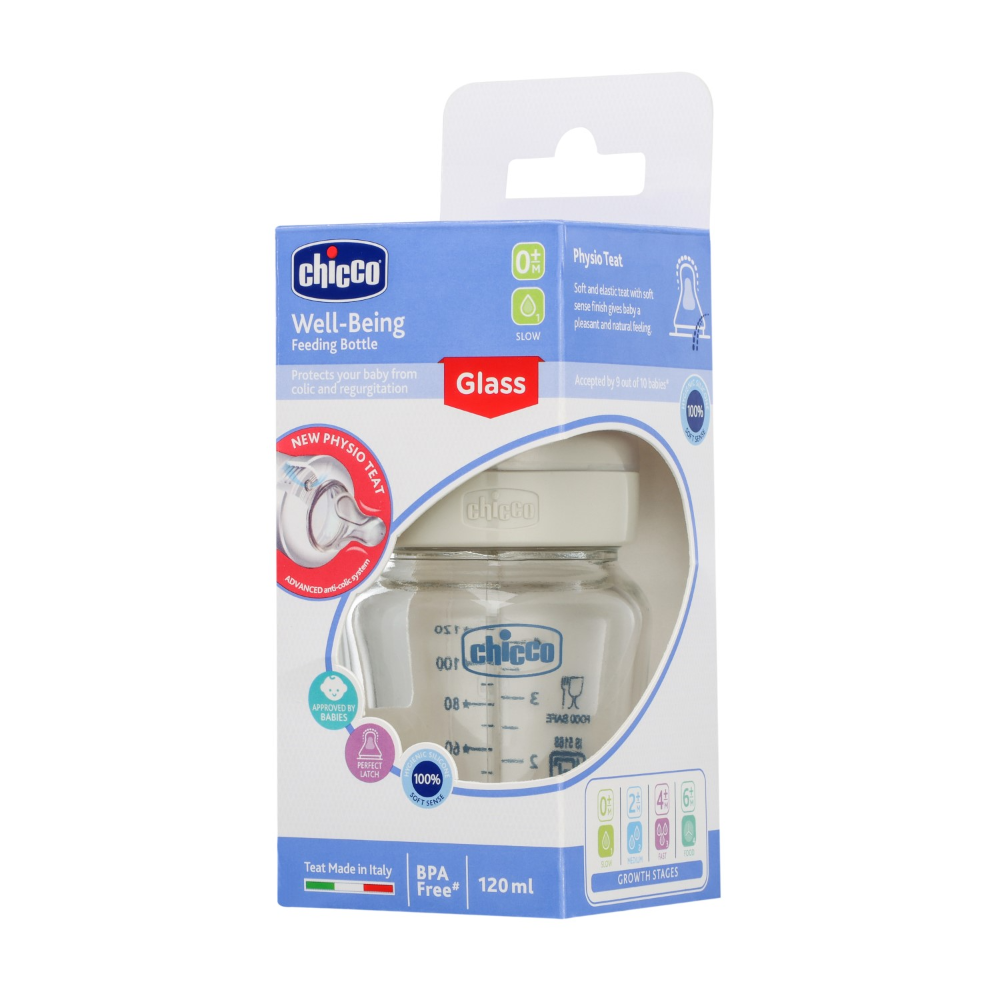 Chicco Well-Being Glass Feeding Bottle (120ml, Slow Flow) - Neutral