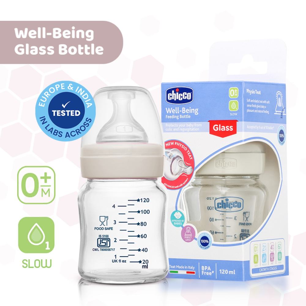 Chicco Well-Being Glass Feeding Bottle (120ml, Slow Flow) - Neutral