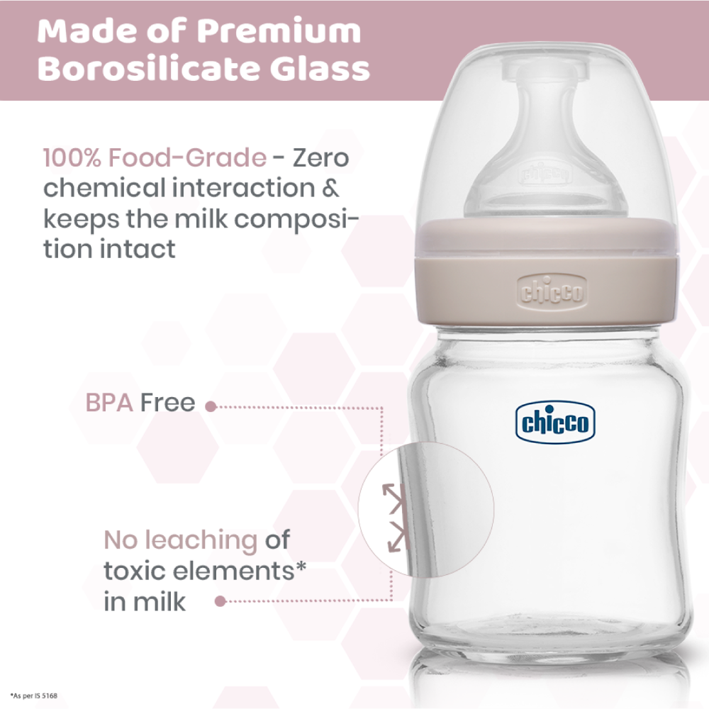 Chicco Well-Being Glass Feeding Bottle (120ml, Slow Flow) - Neutral