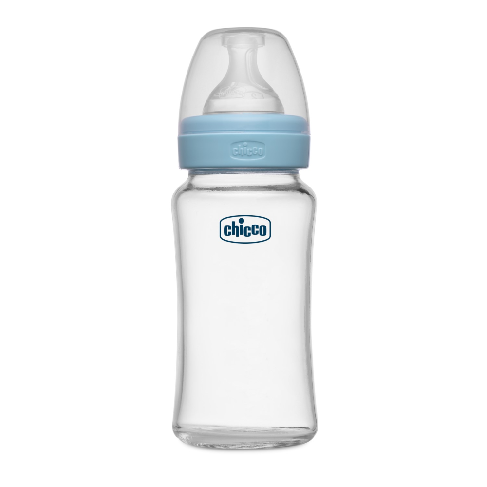 Chicco Well-Being Glass Feeding Bottle (240ml, Medium Flow) - Blue