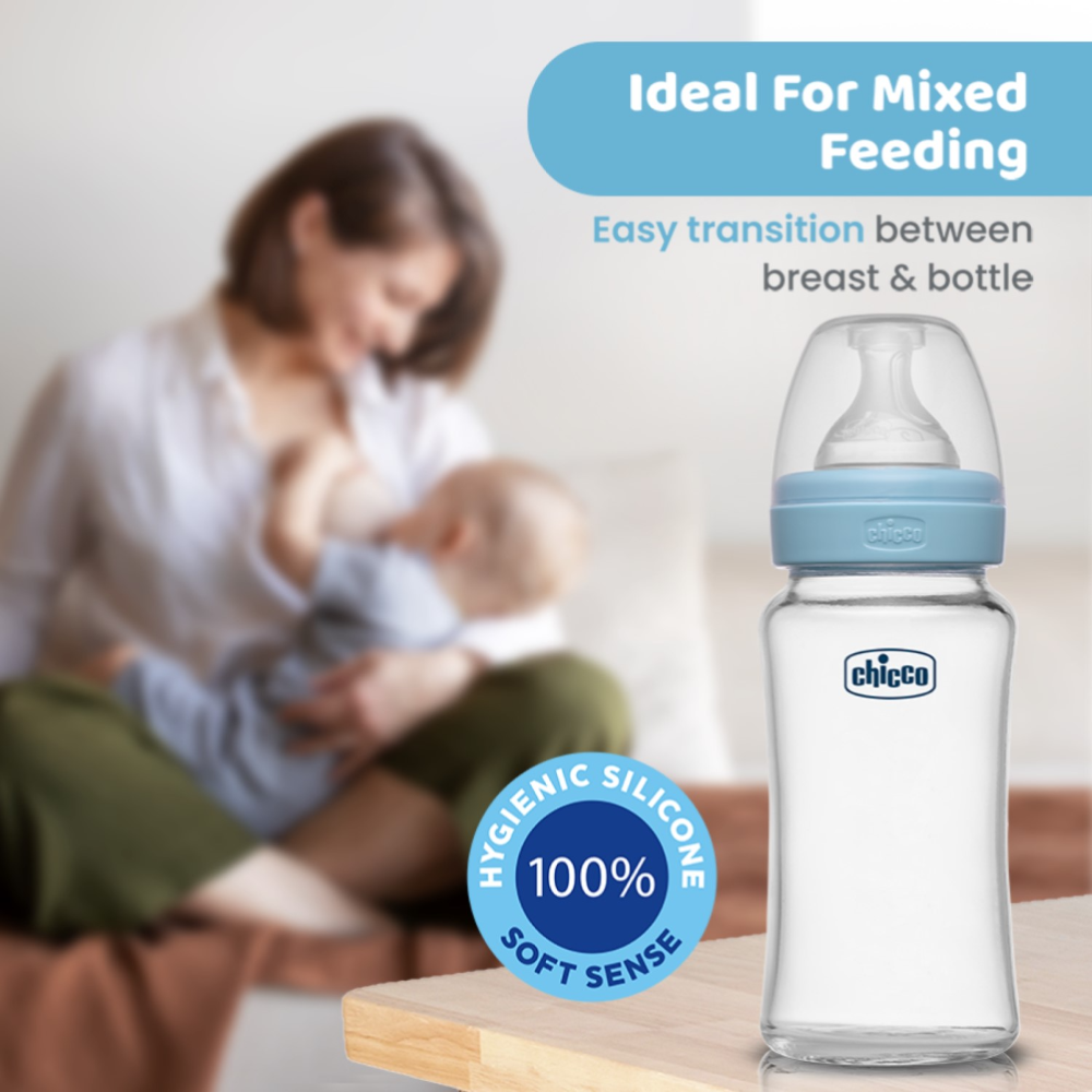 Chicco Well-Being Glass Feeding Bottle (240ml, Medium Flow) - Blue