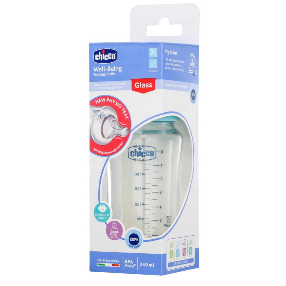 Chicco Well-Being Glass Feeding Bottle (240ml, Medium Flow) - Blue