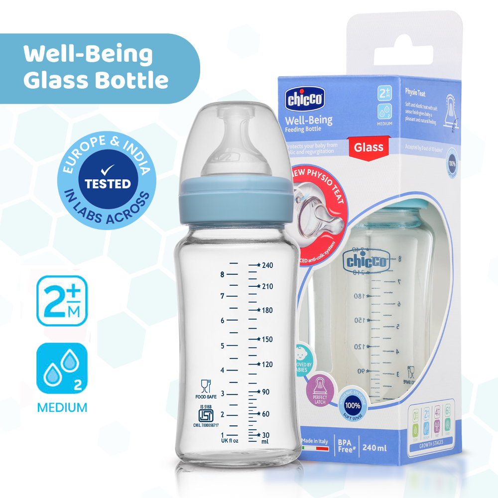 Chicco Well-Being Glass Feeding Bottle (240ml, Medium Flow) - Blue