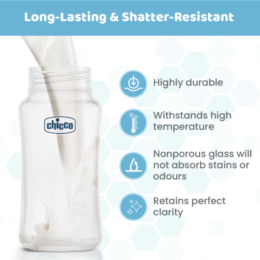 Chicco Well-Being Glass Feeding Bottle (240ml, Medium Flow) - Blue