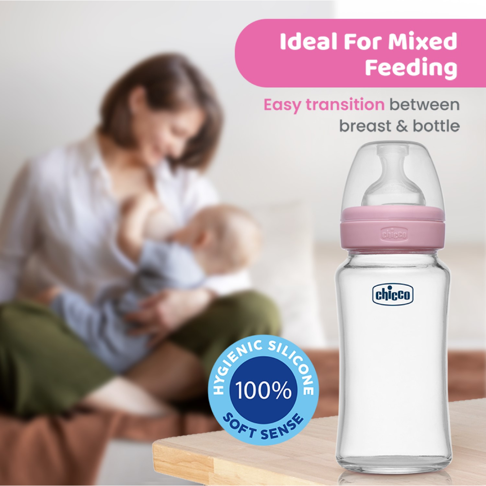 Chicco Well-Being Glass Feeding Bottle (240ml, Medium Flow) - Pink