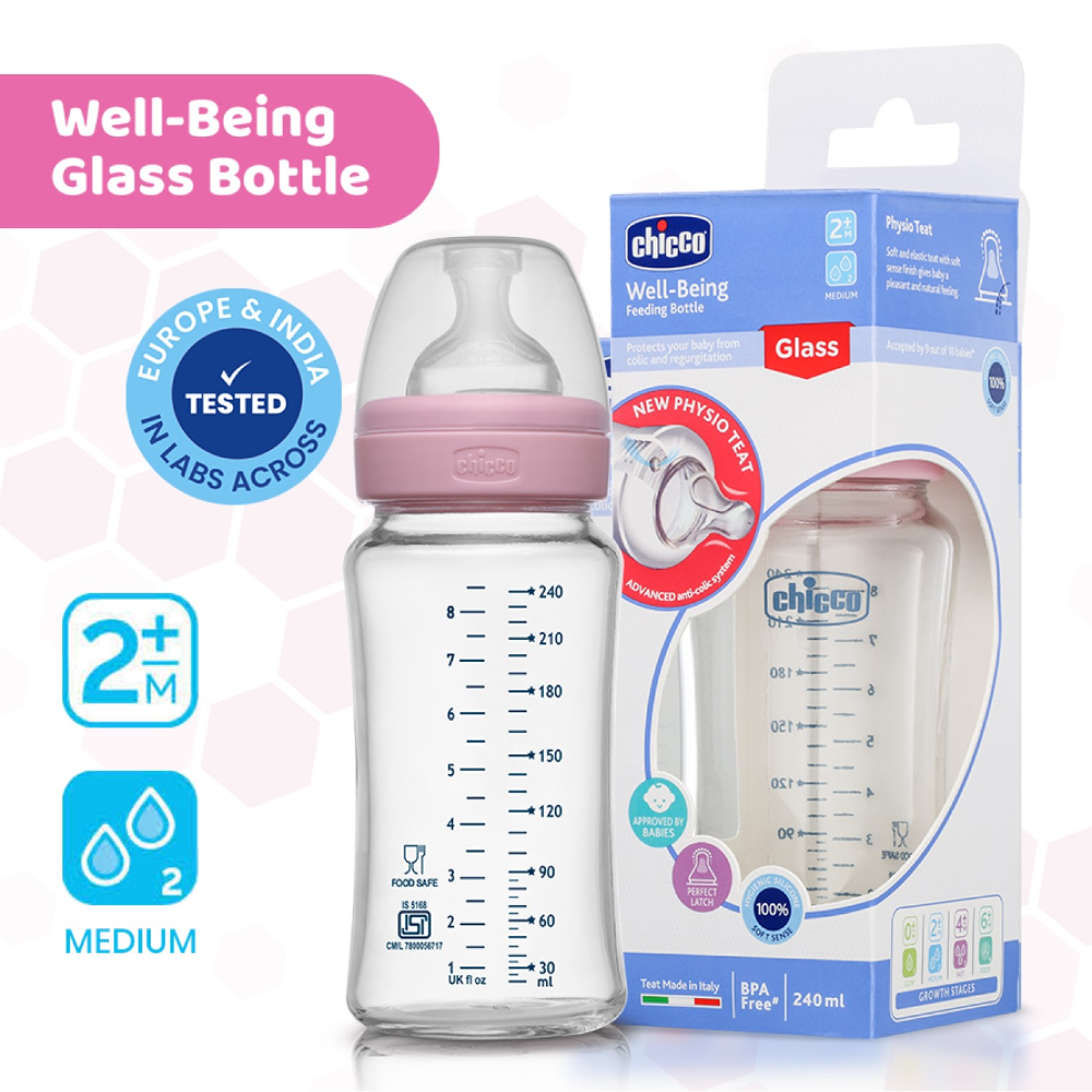 Chicco Well-Being Glass Feeding Bottle (240ml, Medium Flow) - Pink