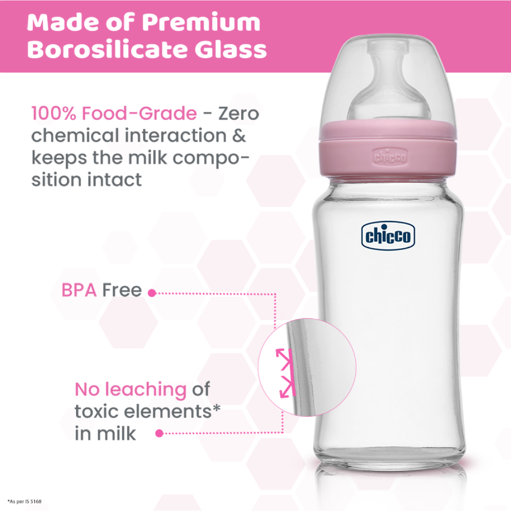 Chicco Well-Being Glass Feeding Bottle (240ml, Medium Flow) - Pink