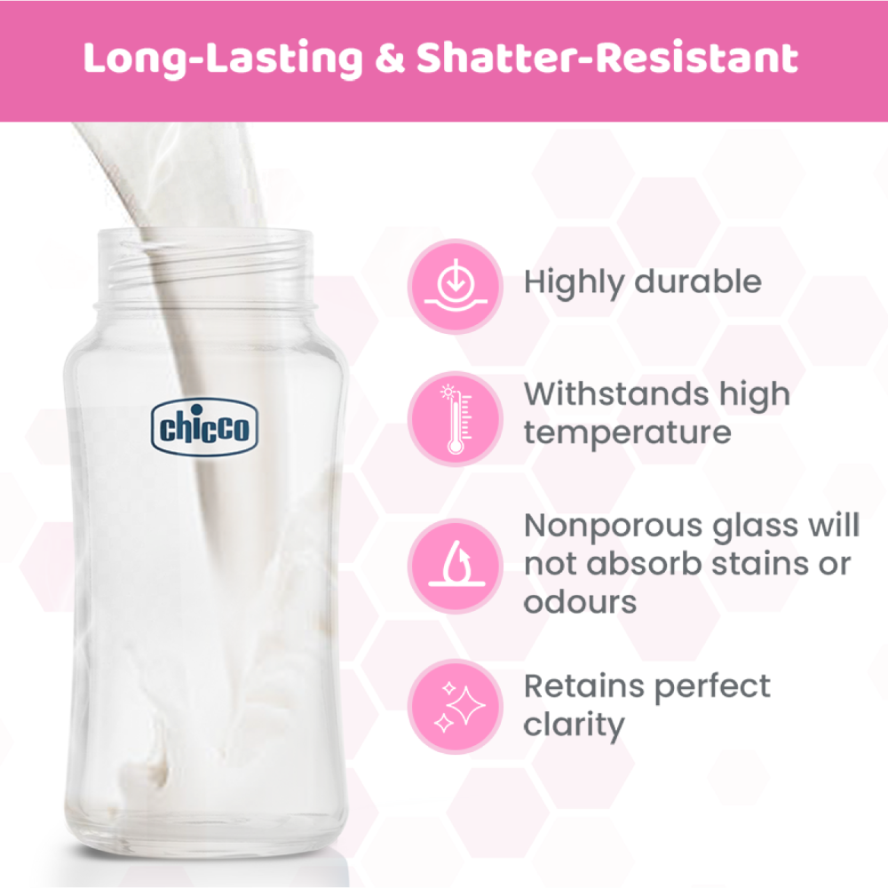 Chicco Well-Being Glass Feeding Bottle (240ml, Medium Flow) - Pink