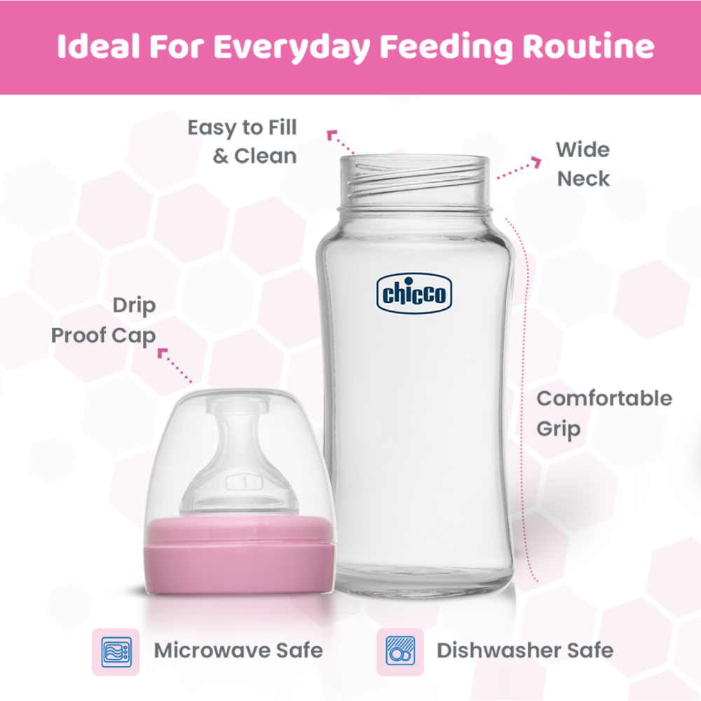 Chicco Well-Being Glass Feeding Bottle (240ml, Medium Flow) - Pink