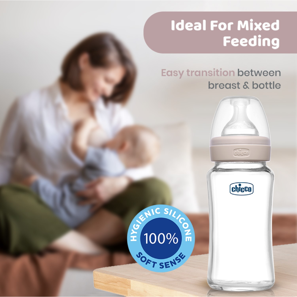 Chicco Well-Being Glass Feeding Bottle (240ml, Medium Flow) - Neutral