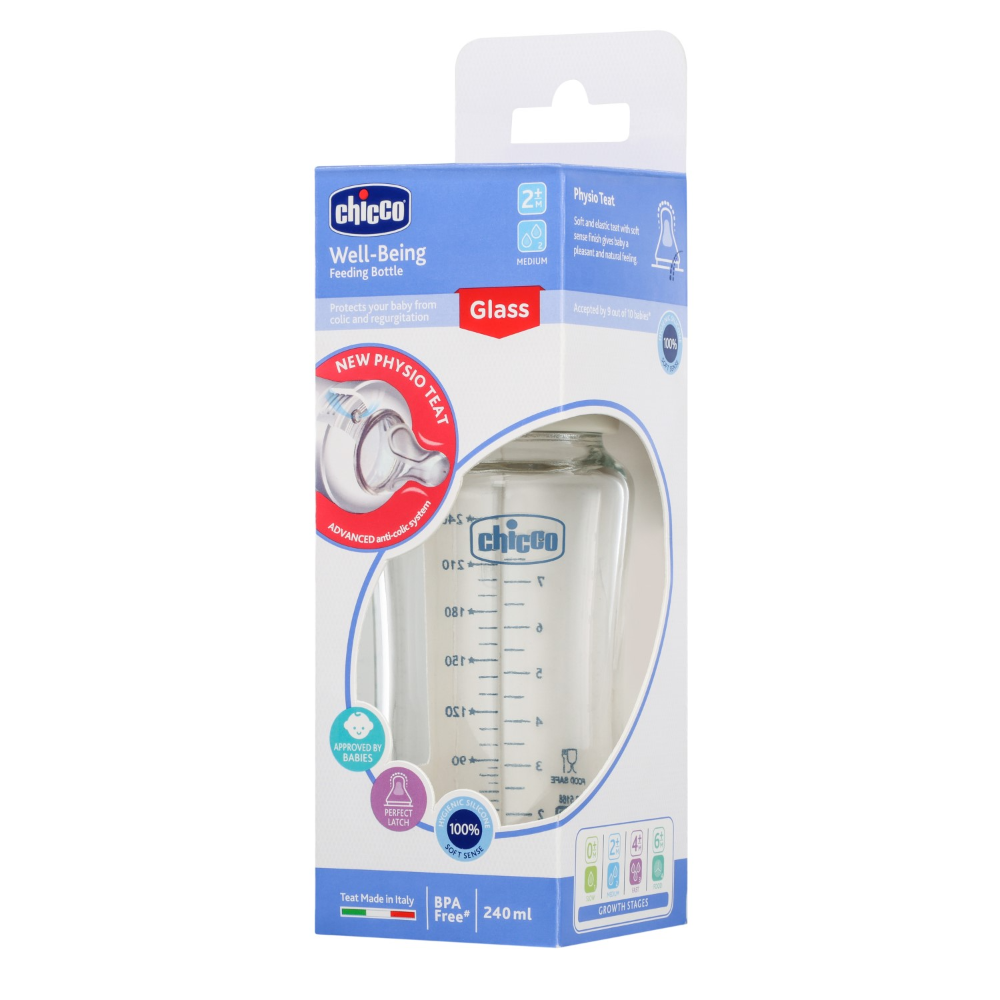 Chicco Well-Being Glass Feeding Bottle (240ml, Medium Flow) - Neutral