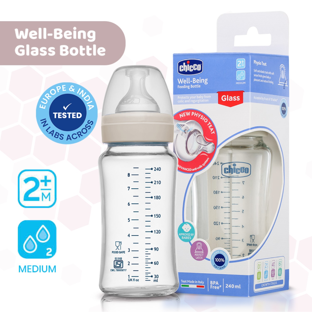 Chicco Well-Being Glass Feeding Bottle (240ml, Medium Flow) - Neutral