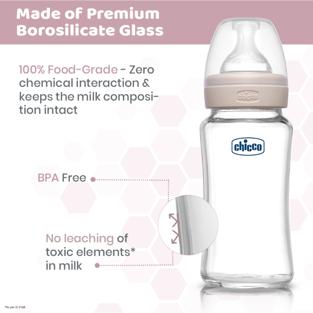 Chicco Well-Being Glass Feeding Bottle (240ml, Medium Flow) - Neutral