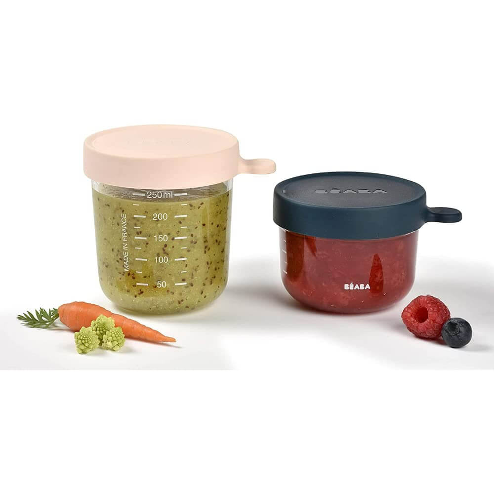 Beaba Glass Storage Jar - Airtight Container for Storing Baby Snacks and Meals with Graduation Measuring Scale, Heat, Freeze, Sterilization and Microwave Safe,  Set of 2, 150ML & 250ML