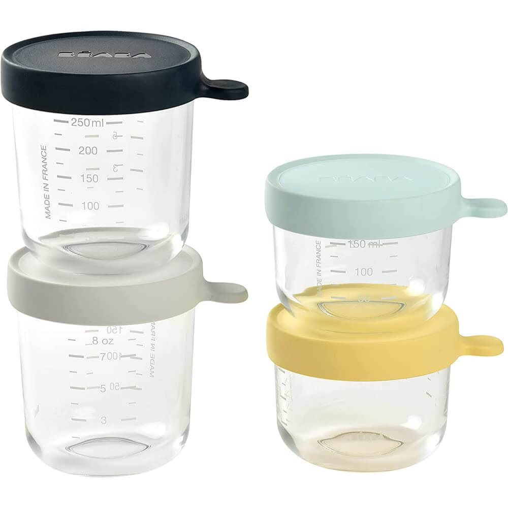 Beaba Glass Storage Container - Ideal Airtight Container for Storing Baby Snacks and Meals with Graduation Measuring Scale, Heat, Freeze, Sterilization, and Microwave Safe, 150ML*2 and 250ML*2, Set of 4