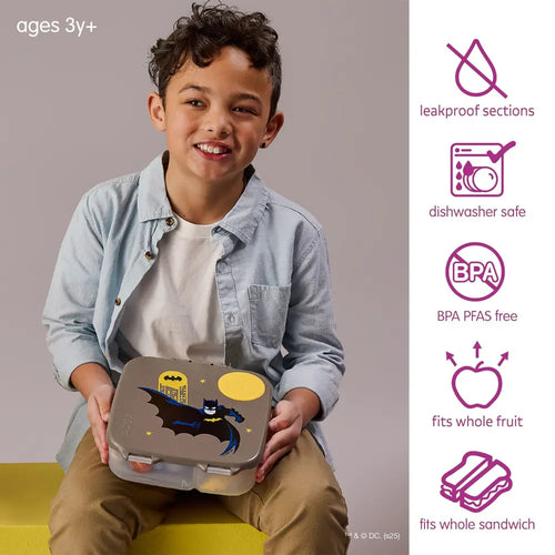 B.Box Warner Bros Batman Kids Lunchbox – 2 Litre, Leak-Proof Bento Style with Gel Cooler Pack, Adjustable Divider & Whole Fruit Compartment – Multicolor