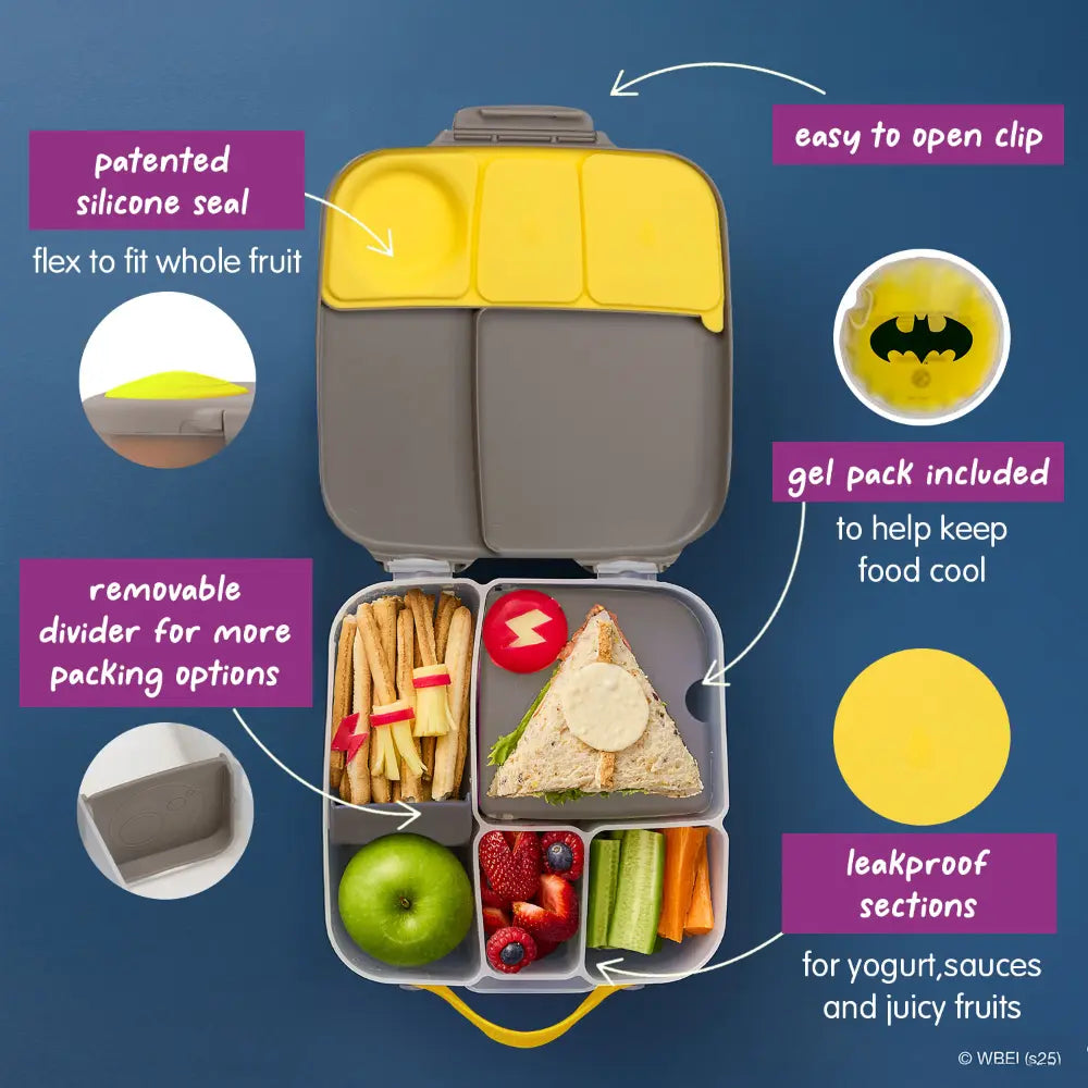 B.Box Warner Bros Batman Kids Lunchbox – 2 Litre, Leak-Proof Bento Style with Gel Cooler Pack, Adjustable Divider & Whole Fruit Compartment – Multicolor