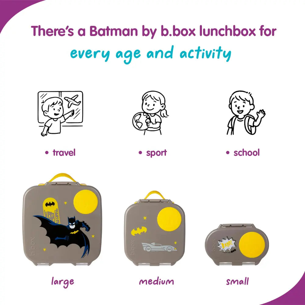 B.Box Warner Bros Batman Kids Lunchbox – 2 Litre, Leak-Proof Bento Style with Gel Cooler Pack, Adjustable Divider & Whole Fruit Compartment – Multicolor