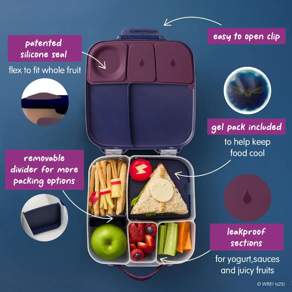 B.Box Warner Bros Harry Potter Kids Lunchbox – 2 Litre, Leak-Proof Bento Style with Gel Cooler Pack, Adjustable Divider & Whole Fruit Compartment – Multicolor