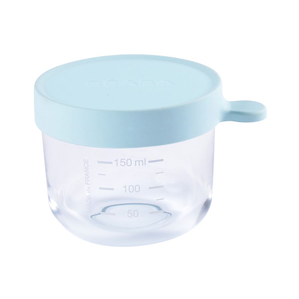 Beaba Glass Storage Container - Ideal Airtight Container for Storing Baby Snacks and Meals with Graduation Measuring Scale, Heat, Freeze, Sterilization, and Microwave Safe, 150ML