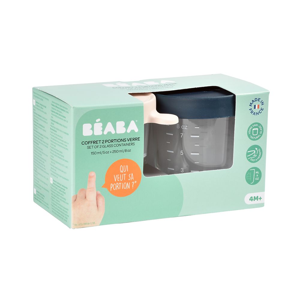 Beaba Glass Storage Jar - Airtight Container for Storing Baby Snacks and Meals with Graduation Measuring Scale, Heat, Freeze, Sterilization and Microwave Safe,  Set of 2, 150ML & 250ML