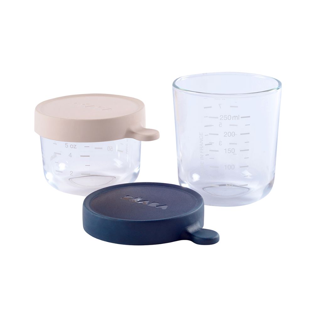 Beaba Glass Storage Jar - Airtight Container for Storing Baby Snacks and Meals with Graduation Measuring Scale, Heat, Freeze, Sterilization and Microwave Safe,  Set of 2, 150ML & 250ML