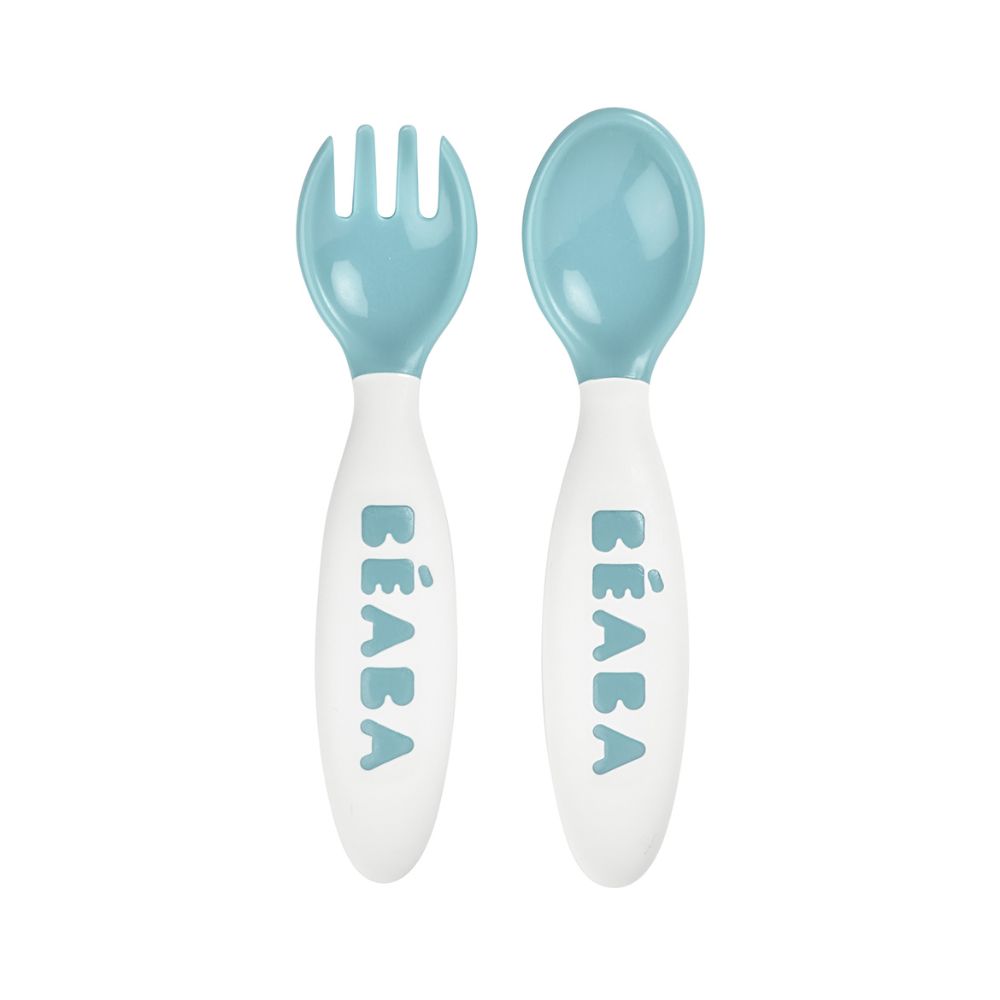 Beaba 2nd Stage Spoon and Fork Set - Baby Led Weaning Self Feeding Training Spoon and Fork with Ultra Soft Tip, Gum Friendly, Ergonomic Handles, BPA Free, 8m+
