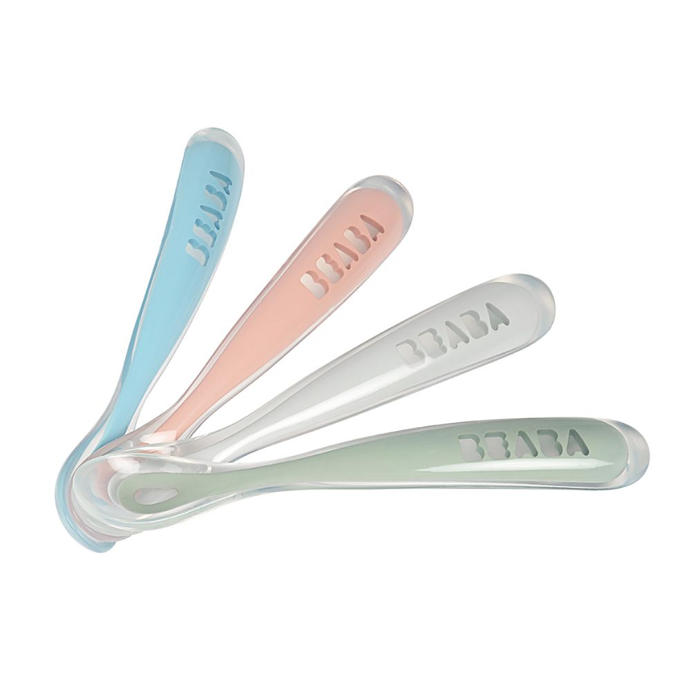 Beaba 1st Stage Silicone Spoon - Set of 4, Baby Led Weaning Self Feeding Training Spoon with Ultra Soft Tip, Gum Friendly, Ergonomic Handles, BPA Free, 4m+