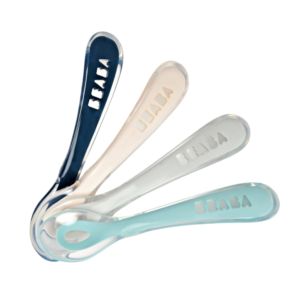 Beaba 2nd Stage Silicone Spoon - Set of 4, Baby Led Weaning Self Feeding Training Spoon with Ultra Soft Tip, Gum Friendly, Ergonomic Handles, BPA Free, 8m+