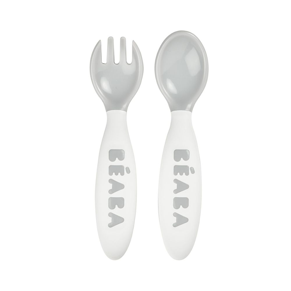 Beaba 2nd Stage Spoon and Fork Set - Baby Led Weaning Self Feeding Training Spoon and Fork with Ultra Soft Tip, Gum Friendly, Ergonomic Handles, BPA Free, 8m+