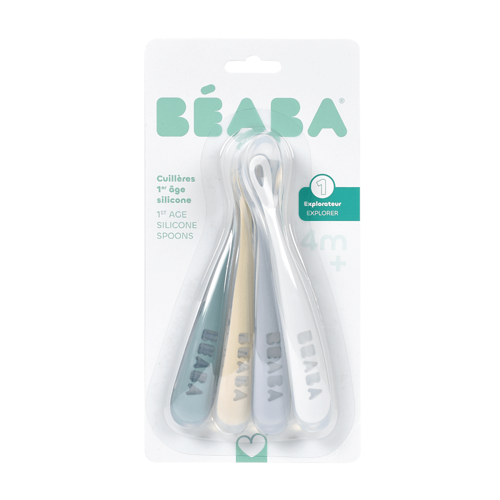 Beaba 1st Stage Silicone Spoon - Set of 4, Baby Led Weaning Self Feeding Training Spoon with Ultra Soft Tip, Gum Friendly, Ergonomic Handles, BPA Free, 4m+