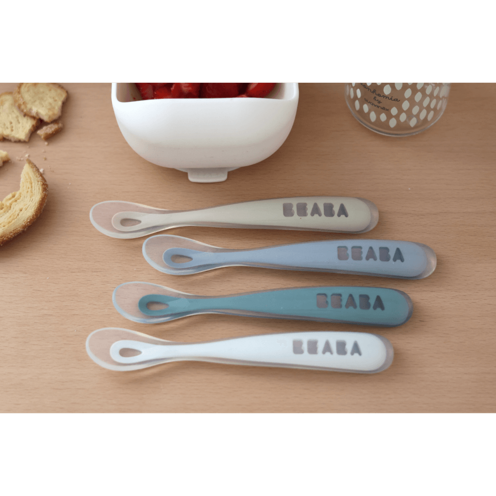 Beaba 1st Stage Silicone Spoon - Set of 4, Baby Led Weaning Self Feeding Training Spoon with Ultra Soft Tip, Gum Friendly, Ergonomic Handles, BPA Free, 4m+