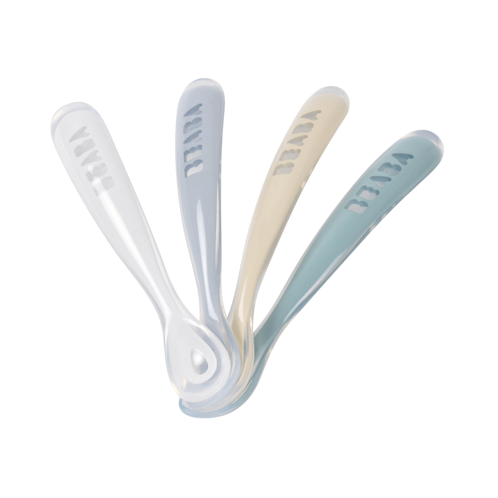 Beaba 1st Stage Silicone Spoon - Set of 4, Baby Led Weaning Self Feeding Training Spoon with Ultra Soft Tip, Gum Friendly, Ergonomic Handles, BPA Free, 4m+