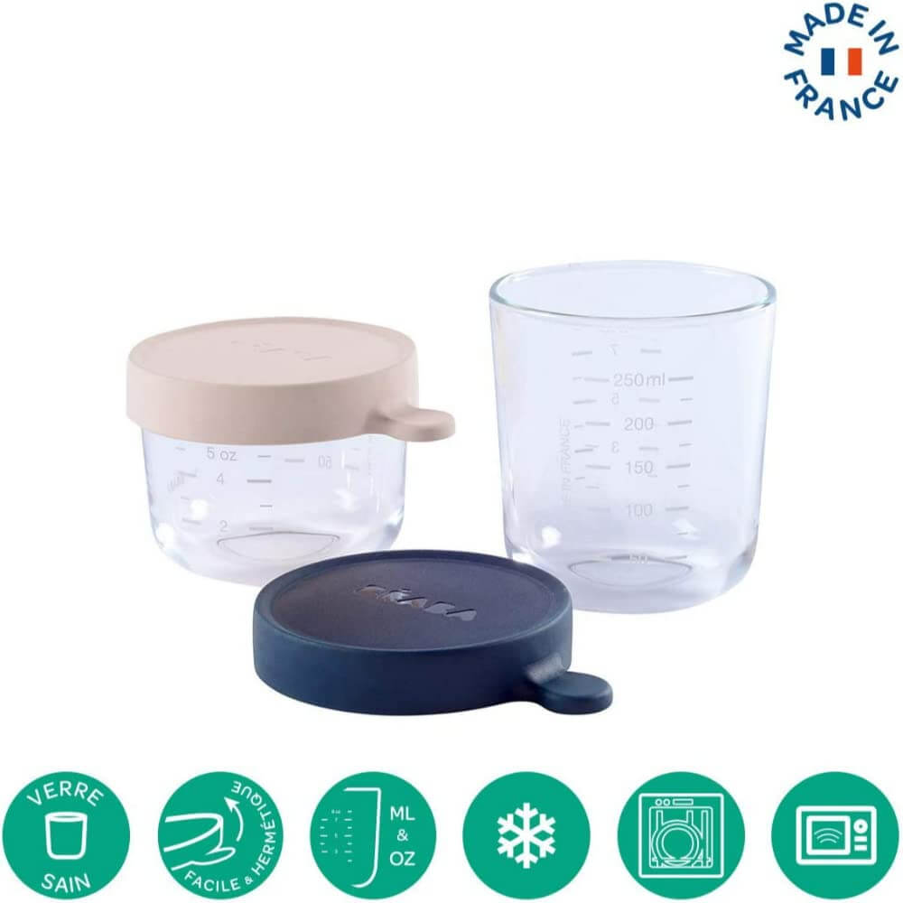 Beaba Glass Storage Jar - Airtight Container for Storing Baby Snacks and Meals with Graduation Measuring Scale, Heat, Freeze, Sterilization and Microwave Safe,  Set of 2, 150ML & 250ML