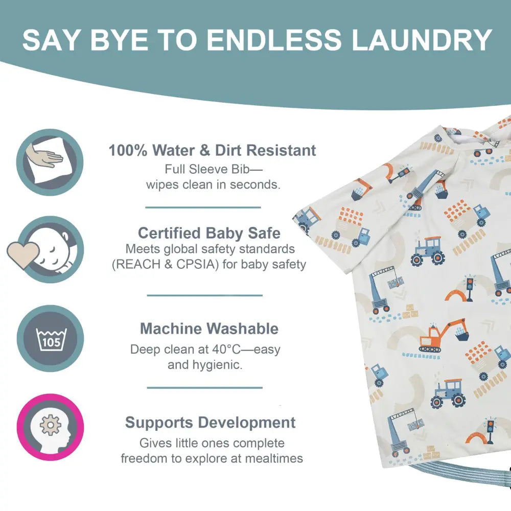 Bibado Stain & Water Proof Short Sleeve Coverall Shirt Weaning Bib Little Loader - Grey - For Infants