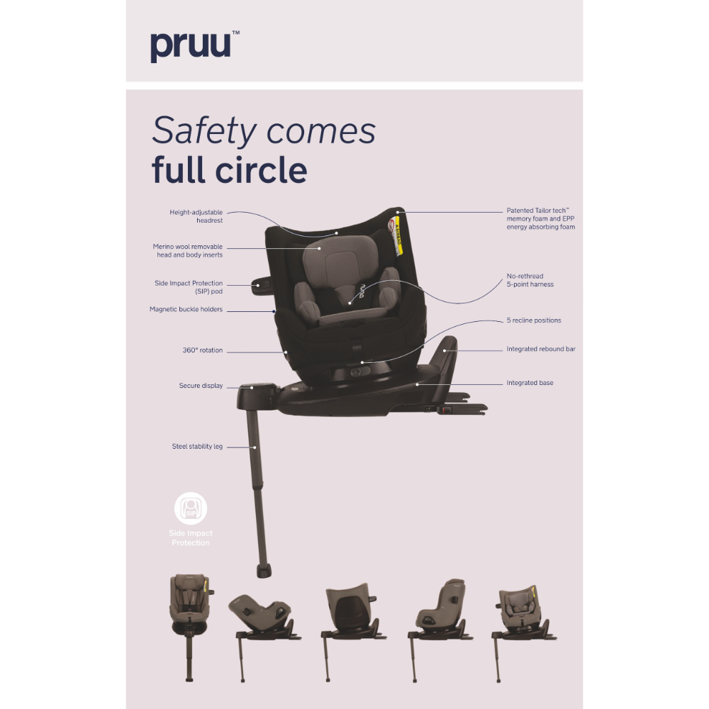 Nuna Pruu Baby Car Seat-Convertible Car Seat-360 Degree Rotation-10 Position Reclining Seat-Integrated Rebound Bar to Minimize Rotation During Impact-2 Years Warranty-For 0 to 4Y (Upto 19Kg) - Granite