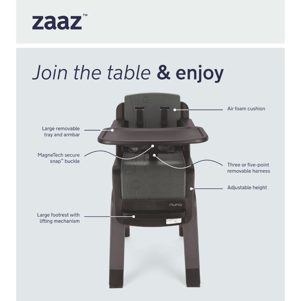 Nuna Zaaz Baby High Chair|Air Foam Cushion|Height Adjustable|Easily Removable Tray|Arm Bar & Footrest|For 0M+|Upto 100Kg - Pine