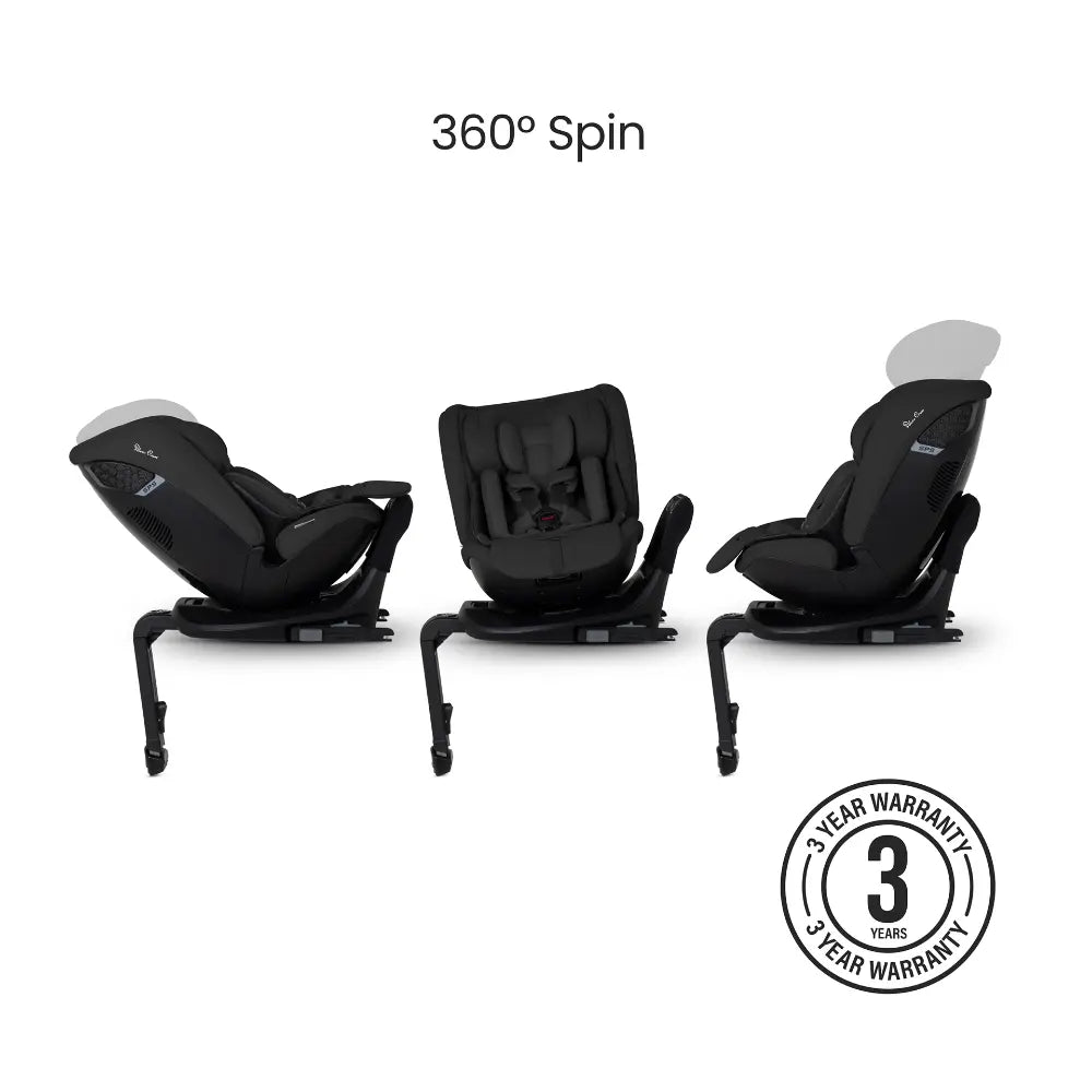 Silver Cross Motion 3 All Size 360° Baby Car Seat|Convertible Car Seat|AirTech Summer Removable & Leakproof Liner|EasyFit Sprung Safety Harness|3 Position Recline|0 M+|Upto 12Y  -  Iconic Black
