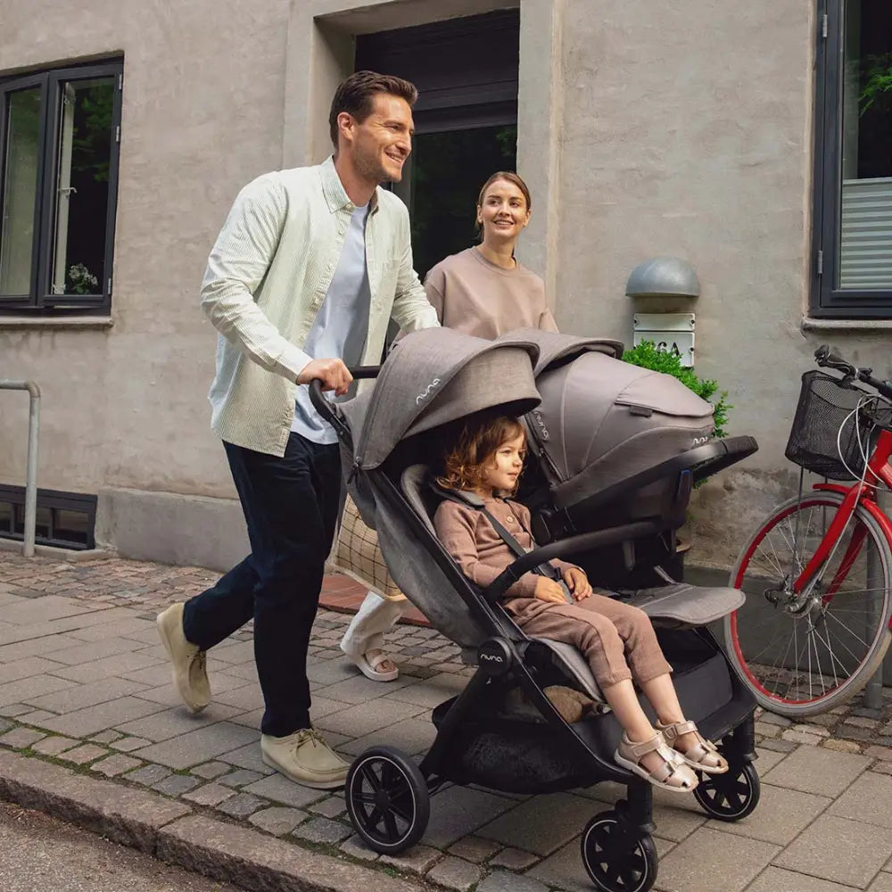 Nuna TRVL Dubl Twin Baby Stroller-Individually Adjustable Near Flat Reclining Seat-One Hand Fold-Large Storage Basket-2 Years Warranty-0 to 4Y (Upto 22 Kg)- Granite