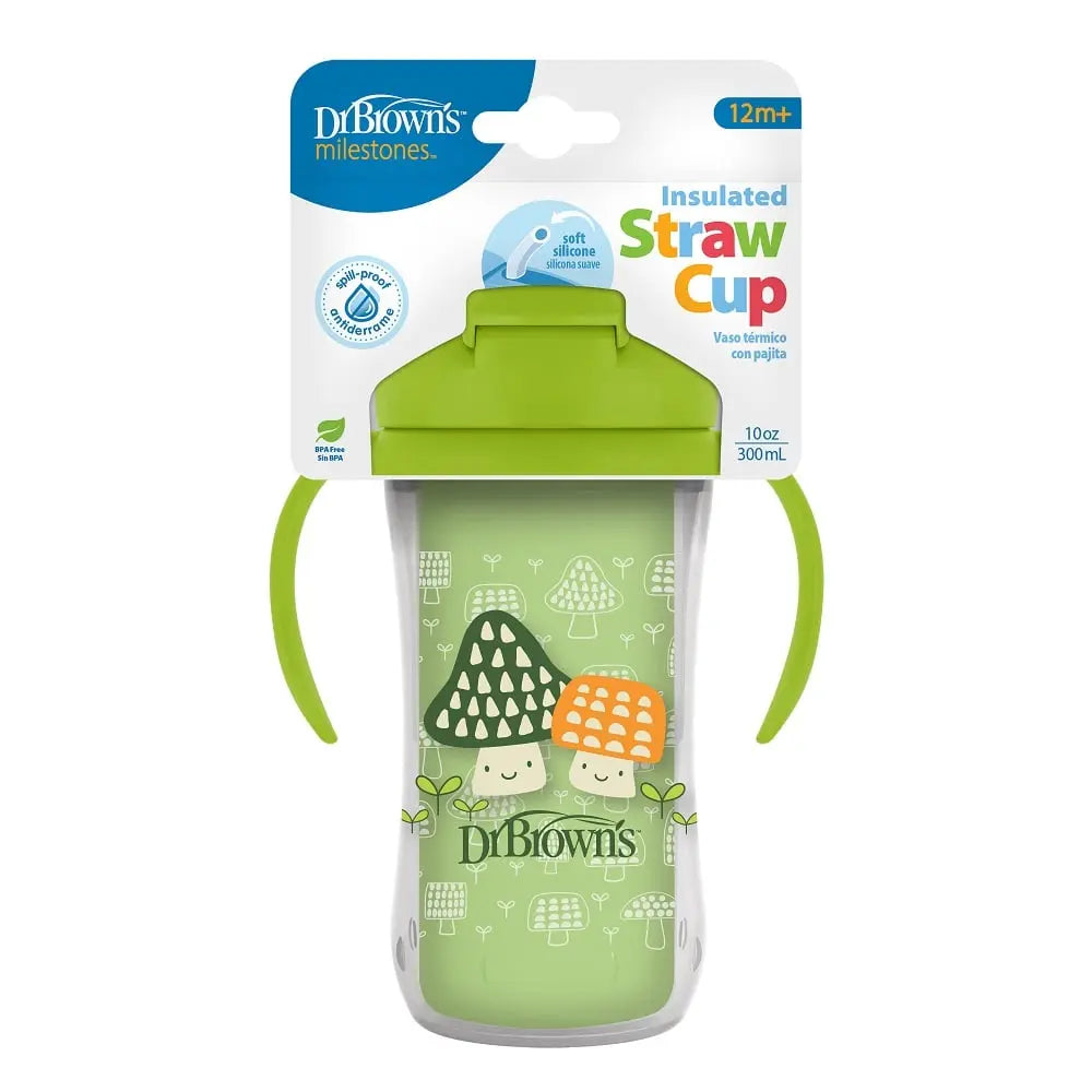 Dr. Brown's 10 oz/300 mL Insulated Straw Cup w/ Handles, Green Mushrooms (12m+), 1-Pack