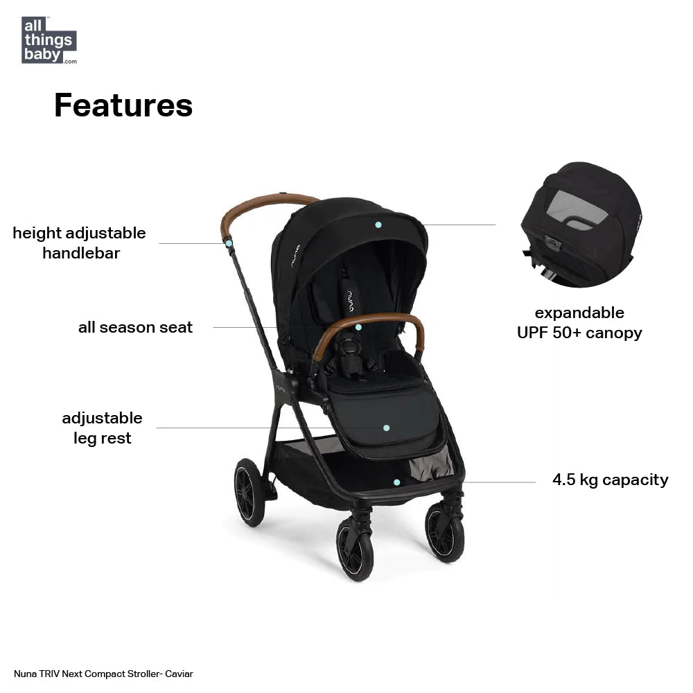 Nuna TRIV Next Reversible Seat Stroller with Flat Recline|Height Adjustable Handle Bar|All Terrain|All Wheel Suspension|One Hand Fold|Rain Cover & Post Adaptors|0 to 4Y (Upto 22Kg) - Caviar